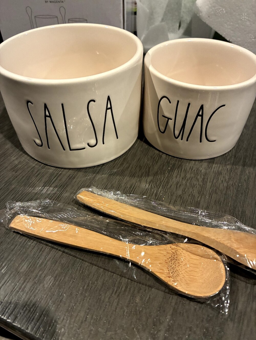 Rae Dunn White Salsa & Guac Ceramic Bowls with Bamboo Spoons